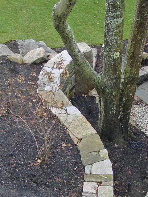a custom-crafted stone wall wraps a tree
