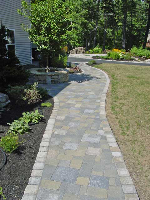 graceful paver walkway with inset tree planter